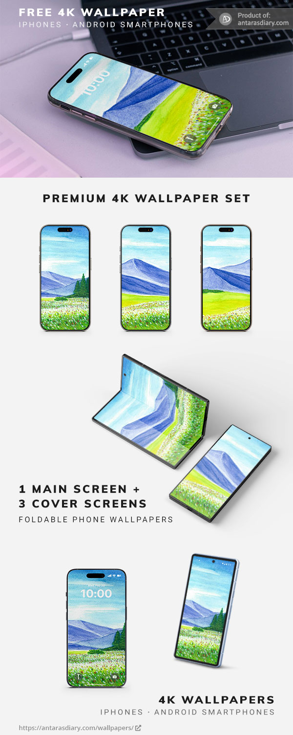 4K phone wallpaper set Sunny Valley Blooms watercolor landscape digital art