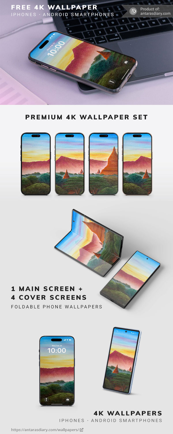 4K phone wallpaper set Sunrise in Bagan landscape digital art