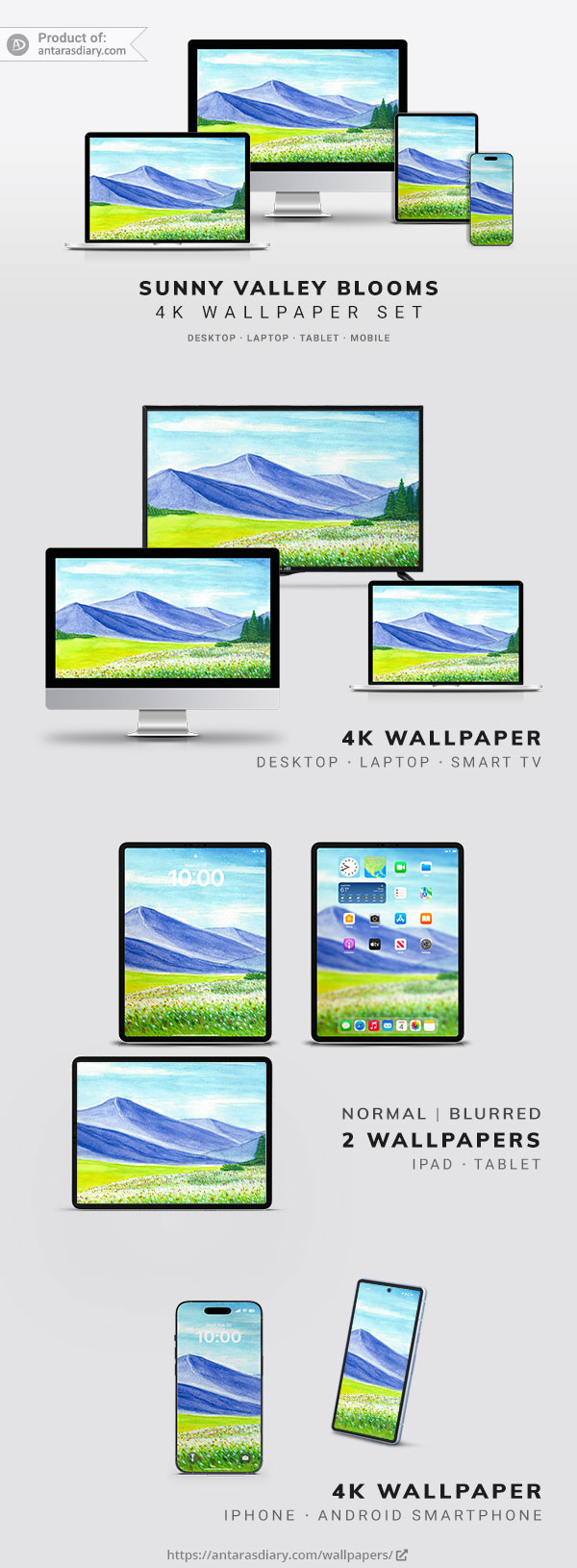 Sunny Valley Blooms Watercolor Digital Wallpaper Set